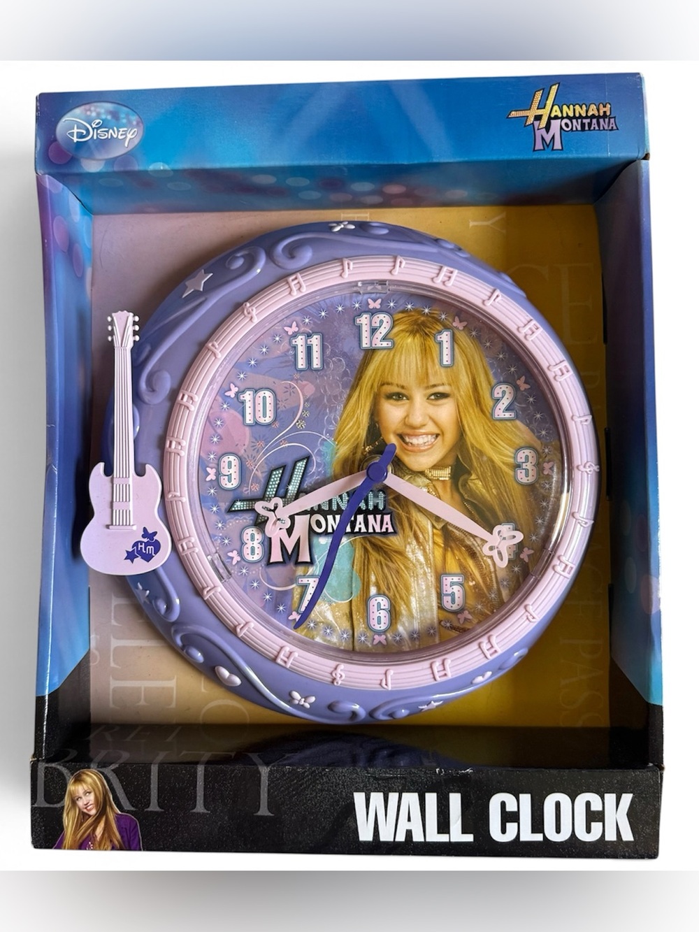 Vtg Disney Hannah Montana Miley Cyrus Wall Clock New in Box Y2K Purple Guitar